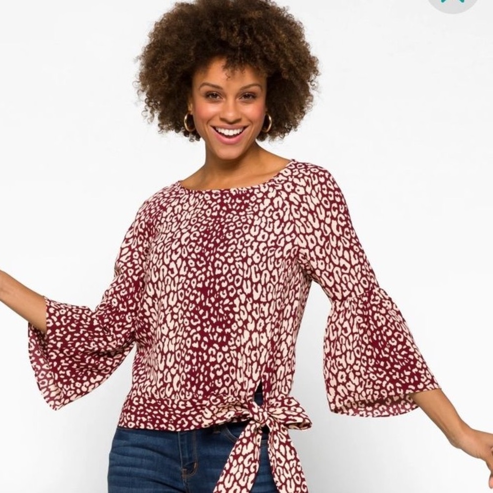 MICHAEL KORS Red & Cream Animal Print Blouse Ruffle Sleeves & Tie Bow Waist Top